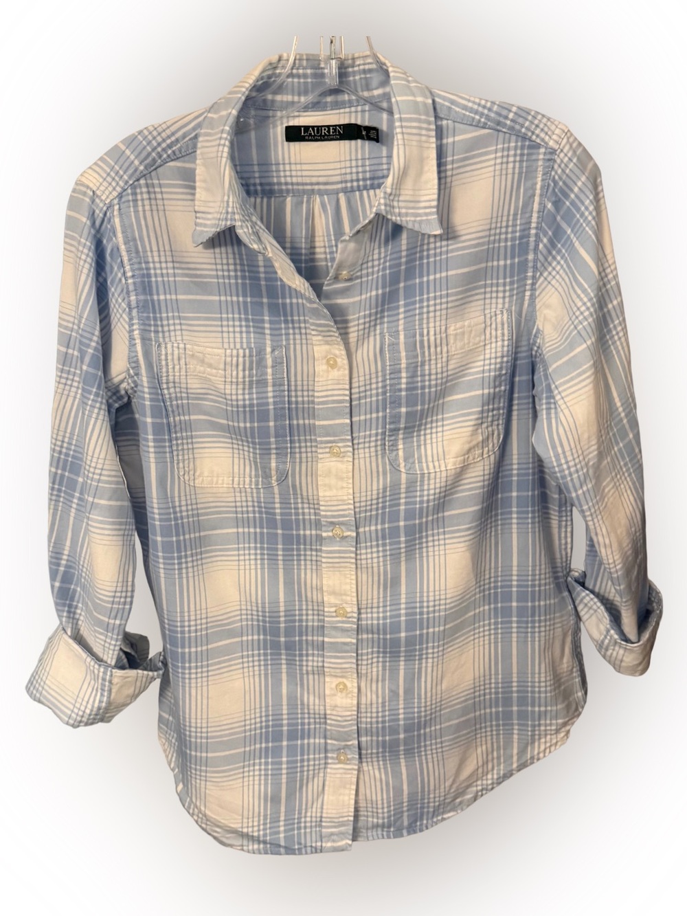 Ralph Lauren Womens Button Down Shirt Lgt Blue & White Plaid Utility Style Sz M